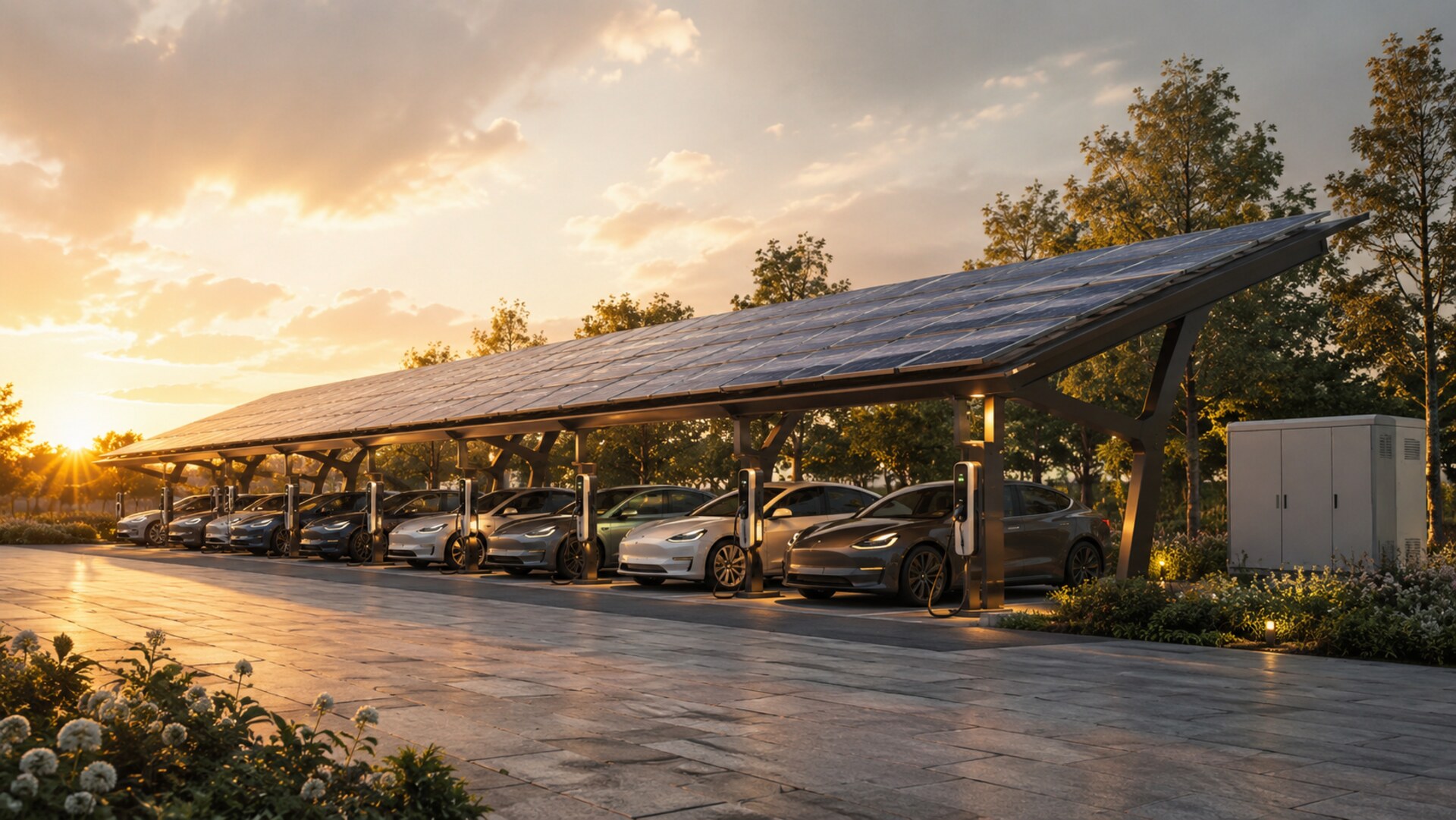 GZ Smart Charge: Mehrere Elektrofahrzeuge laden gleichzeitig unter einem Solar-Carport bei Sonnenuntergang