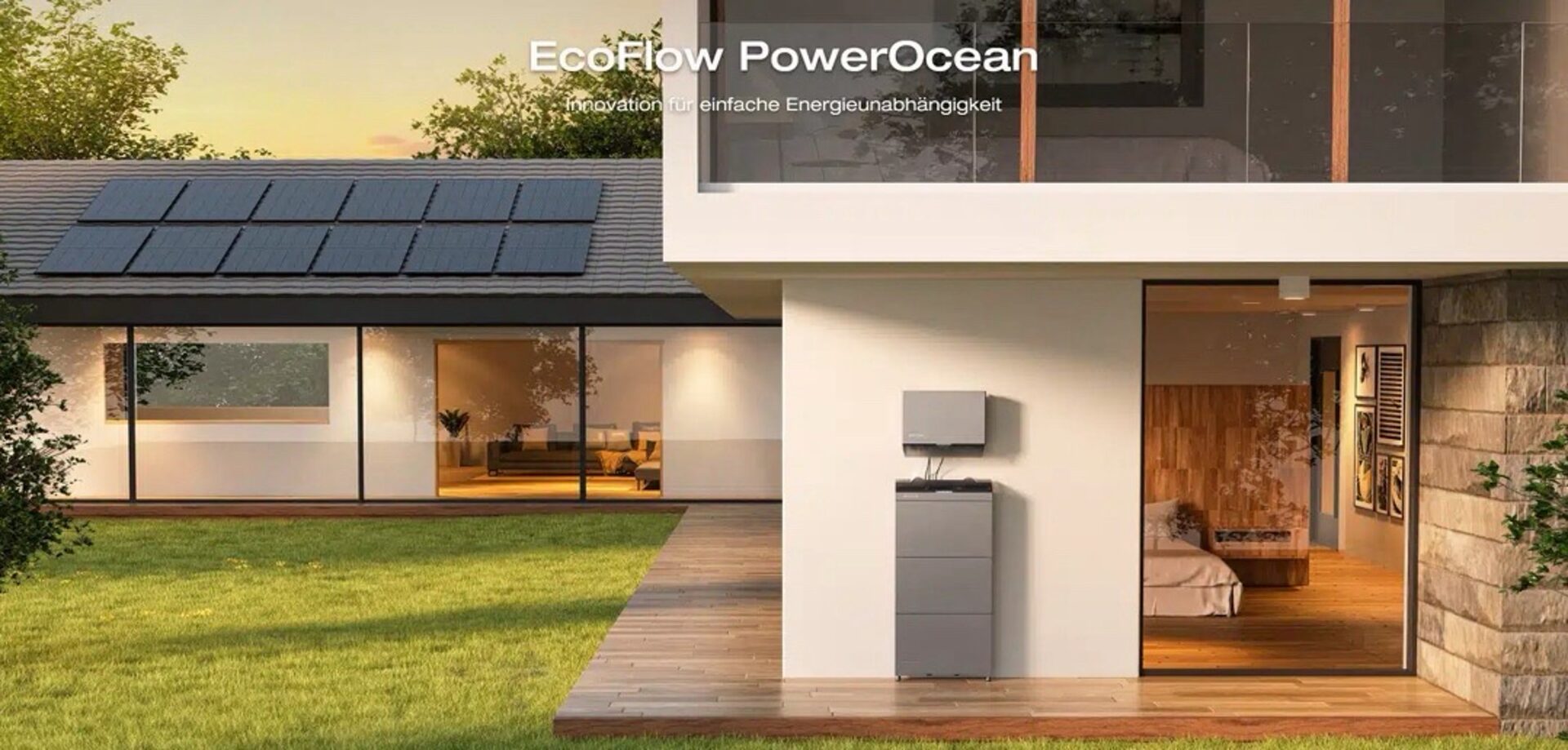 EcoFlow PowerOcean Speichersystem an einem modernen Wohnhaus