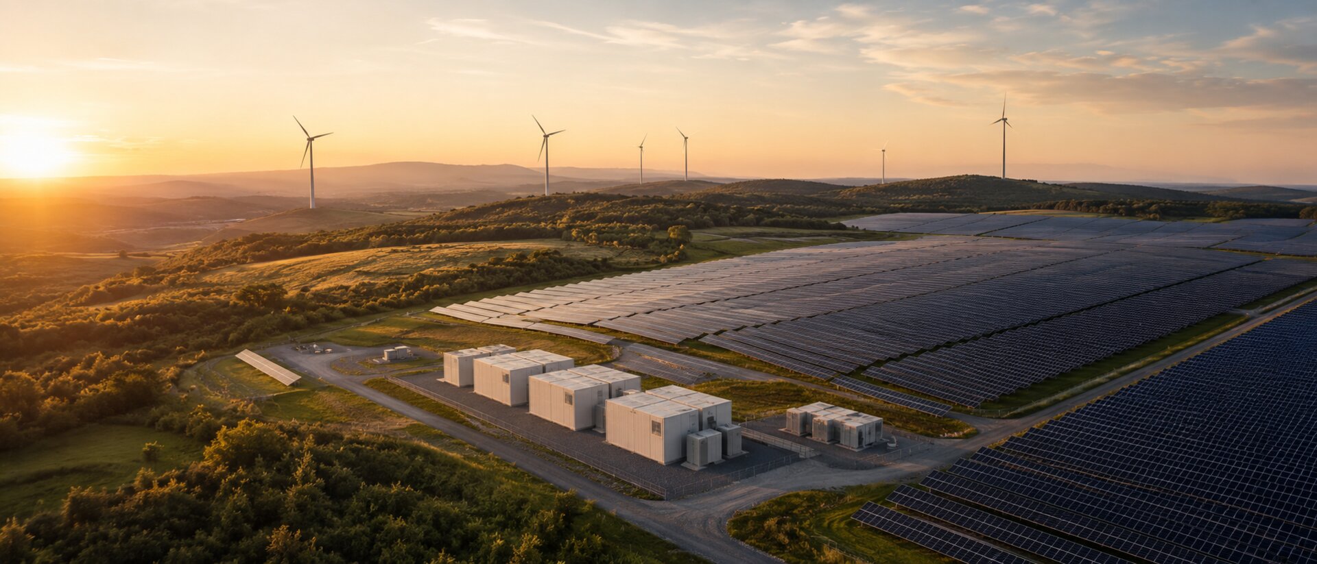 Große Photovoltaik-Freiflächenanlage mit Speichercontainern und Windkraft im Hintergrund bei Sonnenuntergang